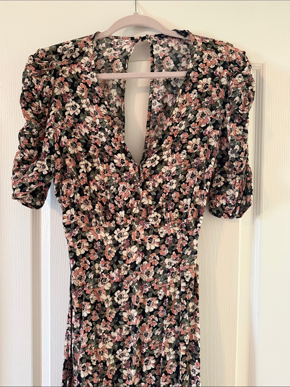 Abercrombie Open Bac Floral Midi Dress in Black with Pink & Cream Flowers